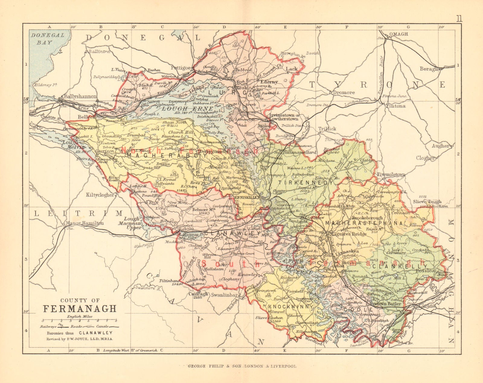 COUNTY FERMANAGH. Antique county map. Ulster. Northern Ireland. BARTHOLOMEW 1886